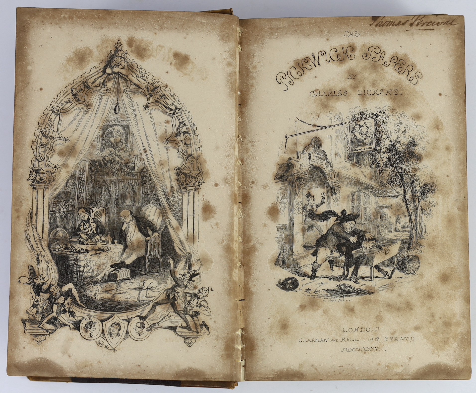Dickens, Charles - The Posthumous Papers of the Pickwick Club. ‘’Pickwick Papers’’, 1st edition in book form, with mixed 1st state points, 8vo, half calf with cloth boards, illustrated by Seymour and Halbot K. Browne (‘’